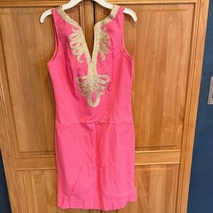 Lilly Pulitzer Pink Sleeveless Dress with Gold Embroidery